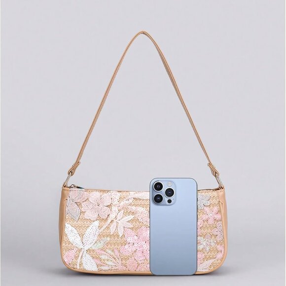 Women's Beaded Floral Sequin Bag Top Handle Underarm Shoulder Handbag - Picture 3 of 4